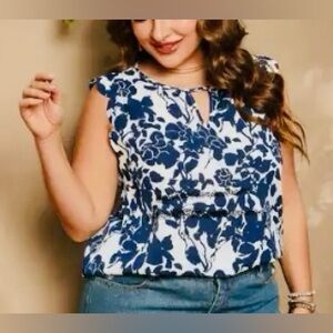 Blue and White Flutter Sleeve Ruffled Blouse